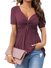abordables Camiseta lisa-Mujer Camiseta Camiseta superior Frunce Plano Moda Elegante Clásico Manga Corta Escote en Pico Tops regulares Diario Noche Fin de semana Negro Blanco Vino Fucsia Rosa Rojo Verano Primavera