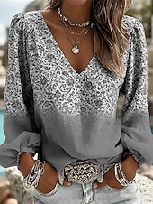 tanie Bluzki Art&amp;Design-Damskie Koszula Nadruk Ombre Kwiaty Graficzny Bohema Urlop Zabytkowe Długi rękaw Latarnia rękawem W serek Zwykłe topy Codzienny Święto Wyjściowe Niebieski Czerwony Fioletowy Zielony Szary Lato Wiosna