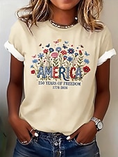 baratos Dia da Independência Top-Dia da Independência Americana Mulheres Camiseta Imprimir Floral Gráfico Bandeira à moda Clássico Casual Manga Curta Gola Redonda Decote Redondo Tops regulares Casual Diário Azul Preto Branco Rosa