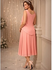 cheap Mom's Dress Sets-Two Piece A-Line Tea Length Wedding Guest Dress Mother of the Bride Dress 3/4 Length Sleeve Jewel Neck Elegant Vintage Wedding Party Chiffon with Beading