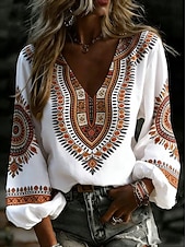 abordables Arte &amp; Diseño Blusas-Mujer Camisa camisa boho Estampado Graphic Cachemir Elegante Bohemia Vacaciones Manga Larga Escote en Pico Tops largos Casual Diario Festivos Azul Piscina Blanco Naranja Gris Verano Primavera