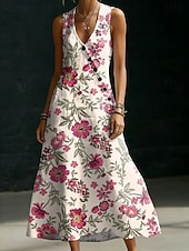 voordelige Afdrukken Bloemen Jurken-Dames Halflange jurk Boho-jurk Shirtjurk Zonnejurk Elegant Bohemen Etnisch Strand Feestdagen Normale pasvorm Bloemig Grafisch Abstract Mouwloos V-hals Blozend Roze Groen Beige Zomer Lente