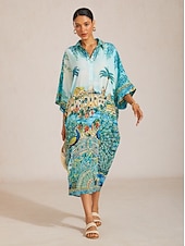 billiga Casual blommiga klänningar-Balearerna blå chiffong kaftan med fladdermusärm
