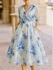 cheap Tea Length-A-Line Tea Length Party Dress Cocktail Dress Wedding Guest Dress Mother of the Bride Dress 3/4 Length Sleeve V Neck Shirt Collar Elegant Vintage Formal Organza Jacquard with Floral Print
