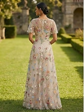  Linea ad A Abito Lunghezza al pavimento Vestito maxi Vestito da Festa Abito da Cocktail Abito da cerimonia per signora Manica Corta Scollo a V Elegante Vintage Lussuoso Formale Ospite di nozze Derby