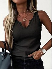 abordables Tanque Sencillo-Mujer Tejido de punto acanalado Camiseta sin mangas Color sólido Elegante Casual Sin Mangas Escote en U Tops regulares Noche Ropa de vacaciones Negro Blanco Marrón Verde Trébol Verano