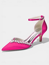 abordables Zapatos de salón de tacón bajo-Zapatos de tacón bajo de satén rosa para mujer, zapatos de salón con tira en el tobillo y punta afilada con pedrería para cócteles y bodas. &amp;eventos nocturnos