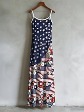 American Independence Day Women's Long Dress Maxi Dress Slip Dress Fit And Flare Dress Vacation Casual Beach Cold Shoulder Holiday Regular Fit Graphic Flag Sleeveless Strap Scoop Neck Blue White Wine