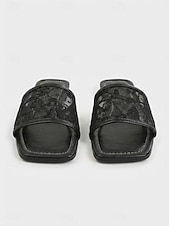 cheap Slide Sandals-Women's White Embroidered Mesh Slide Sandals – Floral Lace Design, Square Toe, Romantic Beach Style for Summer Vacations and Casual Wear