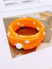 billige Damearmbånd-Bohemsk 3-delt armbåndssett i akryl for kvinner, elastiske, stabelbare armbånd, perfekt for strandferie, hverdagsbruk og sommertilbehør