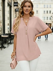 abordables Camiseta lisa-Mujer Camisa Blusa con textura Camiseta de punto Blusa Plano Activo Elegante Manga Corta Escote en Pico Tops regulares Casual Diario Exterior Blanco Rosa Caqui Negro Verano Primavera