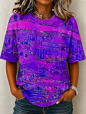 baratos Boho tee-Women's Waffle T-shirt Textured Knit Tops T Shirt Summer Tops Drop Shoulder Print Graphic Geometric Tribal Vintage Stylish Classic Short Sleeve Crew Neck Round Neck Regular Tops Casual Daily Blue
