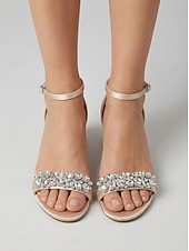 voordelige Hakken Sandalen-Damessandalen met dikke hak en nude strass-steentjes - elegante cocktailschoenen met enkelbandje