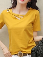 tanie gładka koszulka-Damskie Podkoszulek Koszulka Przekrój krzyżowy z otworem Równina Moda Elegancki Klasyczny Krótki rękaw W serek Zwykłe topy Codzienny Wyjściowe Weekend Czarny Biały Żółty Rumiany róż Zielony Lato