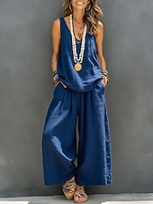 economico Imposta-Per donna Set effetto lino Set di Pantaloni Senza Maniche Scollo a V Tinta unica Elegante Moda Streetwear Casuale Quotidiano All'aperto Blu Bianco Cachi Estate Vestibilità regolare