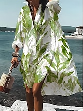 preiswerte Lässige Blumenkleider-Damen Knielanges Kleid Hemdblusenkleid Freizeitkleid Sommerkleid Elegant Bohemien Urlaub Strand Lässiger Schnitt Blumen Langarm V Ausschnitt Hemdkragen Blau Gelb Hellgrün Grün Sommer Frühling