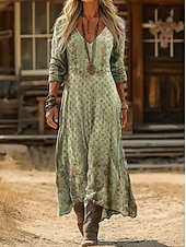  女性用 マキシドレス サンドレス 旅行度假风 カジュアル ボヘミアン 日常 ルーズフィット フラワー 長袖 Ｖネック ブルー ブラック イエロー ルビーレッド 夏 春