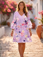 abordables Robes fleuries-Femmes Mini Robe Robe d'Été Robe trapèze Vacances Occasionnel Boho Soirée Coupe régulière Fleuri Graphique Manche 3/4 Col en V Bleu Jaune Rose Claire Violet Été Printemps