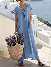 abordables Robe blanche-Femmes Robe maxi Robe trapèze Robe d'été Occasionnel Quotidien Coupe Ample Uni Manche Courte Col en V Bleu Ciel Violet Claire Vert Gris Été Printemps