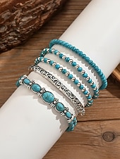 billiga Damarmband-Bohemiskt turkost armbandsset för kvinnor, lager-på-lager pärlhalsband för strandsemester, resortkläder, avslappnade sommarkläder och vardaglig bohemisk styling