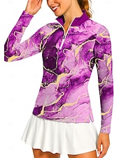 preiswerte Damenbluse-Damen Marmor Golf-Poloshirt Tennis Shirt Tennis-T-Shirt Langarm Druck Viertel Postleitzahl Pullover UV Schutz Elastisch Atmungsaktiv Volleyball Tennis Golfspiel Stehkragen Reißverschlusskragen Hemd
