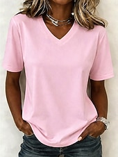  Femmes T-shirt Chemise en coton Couleur Unie Mode Élégant Basique Manche Courte Col en V Hauts Réguliers Occasionnel Quotidien Sortir Bleu Blanche Vert Claire Rose Claire Rouge Été Printemps