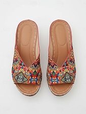 abordables Sandales à talons-Sandales à talons carrés imprimées style ethnique pour femmes – mules colorées à bout ouvert, idéales pour les vacances, les festivals et les tenues estivales décontractées.