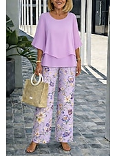 cheap Women's Blouse Suits-Women's Pants Sets Half Sleeve Butterfly Sleeve Round Neck Floral Graphic Elegant Vacation Casual Daily Beach Blue Pink Purple Spring &amp; Summer Loose Fit