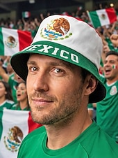 baratos Acessórios-Chapéu bucket masculino reversível em poliéster, estampa da bandeira do México, chapéu leve para torcedores de futebol, ideal para dias de jogo, esportes casuais e atividades ao ar livre.
