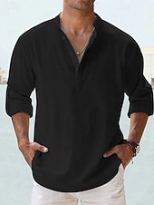economico Camicie di lino-Per uomo Camicia Camicia di lino Camicia Estiva Camicia da Spiaggia Semplice Vacanza Camicia hawaiana Blu Nero Bianco Rosa Manica Lunga Collo alla coreana Primavera &amp; Estate Abbigliamento Base