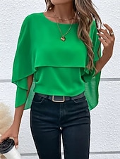 baratos Blusas Simples-Mulheres Blusa Franzido Côr Sólida à moda Básico Casual Manga 3/4 Gola Redonda Tops regulares Diário Azul Preto Rosa Vermelho Camelo Verão Primavera Outono