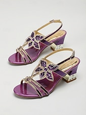 cheap Heeled Sandals-Women's Purple Embellished Block Heel Sandals, Open Toe Ankle Strap Elegant Dress Shoes for Mother of the Bride, Garden Wedding &amp; Formal Events
