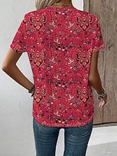 tanie T-shirt boho-Damskie Podkoszulek Nadruk Graficzny Plemienny Elegancki Klasyczny Codzienny Krótki rękaw W serek Zwykłe topy Codzienny Czerwony Fioletowy Zielony Lato Wiosna
