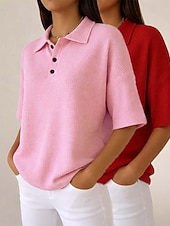 tanie Gładkie bluzki-Damskie Koszula waflowa Jednokolorowe Elegancja Aktywny Urlop Bez rękawów Rękaw 1/2 W serek Kołnierz polo Długie topy Codzienny Na zewnątrz Streetwear Niebieski / Czarny Biały + czarny Czerwony