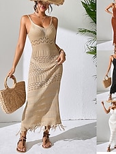 abordables Robes fleuries décontractées-Femmes Robe maxi Robe Tricot Romantique Classique Quotidien Plage Vacances Mince Géométrique Sans manches Col ras du cou Col en V Brun roux Noir Blanche Kaki Été