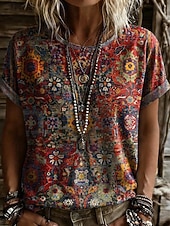 economico T-shirt Boho-Per donna Maglietta Stampato Floreale Grafico Geometrico Vintage Elegante Casual Manica Corta Scollo a V Top lunghi Casuale Quotidiano Weekend Blu Viola / Blu Nero Giallo Vino Estate Primavera