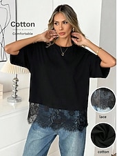 billige Plain t-skjorte-Dame 100% قطن Kontrast blonder Stilfull Klassisk Kortermet Crew-hals Vanlige topper Avslappet Svart Hvit Sommer Vår