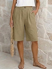 baratos Partes inferiores-Mulheres Calças com toque de linho Bermudas Calças Capri Calção Férias Moda Roupa de rua Comprimento do joelho Cintura Alta Tecido Bolsos Cintura elástica Respirabilidade Confortável Respirável Com