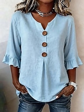 preiswerte Wesentliche Falsche Hemden-Damen Bluse Rüsche Knöpfe Einfarbig Stilvoll Basic Lässig Dreiviertelarm V Ausschnitt Normale Oberteile Täglich Blau Weiß Marineblau Grün Sommer Frühling Herbst