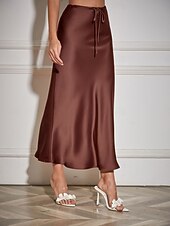 economico Gonne Formali-Per donna Gonne in raso Elegante Moda Maxi Vita Alta Gonne Semplice Coulisse Micro-elastico Feste Data Nero Blu marino Marrone chiaro Marrone Estate
