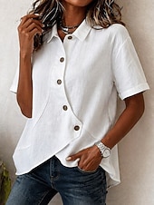 economico Camicie Finte Essenziali-Per donna Blusa Finto cotone e lino Bottoni Tinta unica Essenziale Casual Manica Corta Colletto a Camicia Top Regolari Quotidiano Blu Bianco Albicocca Estate Primavera