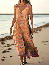 cheap Ethnic Boho Dress-Women's Maxi Dress Boho Dress Vintage Dress Casual Dress Vintage Holiday Loose Fit Boho Floral Graphic Sleeveless V Neck Blue Red Orange Summer Spring