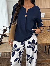 abordables Trajes de blusa para mujer-Women's Two Piece Sets Pants Sets 3/4 Length Sleeve V Neck Floral Graphic Print Daily Stylish Casual Daily Vacation Blue Purple Orange Summer Regular Fit