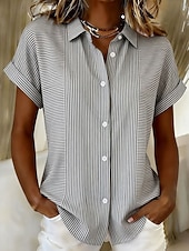 voordelige Strepen- en Geometrische Blouses-Dames Overhemd Knop Afdrukken Grafisch Gestreept Vintage Dagelijks Stijlvol Korte mouw Overhemdkraag Normale tops Casual Dagelijks blauw Zwart Rood Groen Zomer Lente