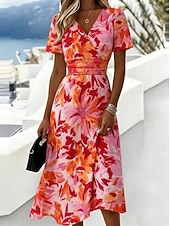 Χαμηλού Κόστους Casual Floral Φορέματα-Γυναικεία Μίντι φόρεμα Φόρεμα ριχτό Διακοπές Καθημερινό Μπόχο Καθημερινά Καλοκαιρινό φόρεμα Ανοιξιάτικο φόρεμα Κανονικό Φλοράλ Γραφική Κοντομάνικο Στρογγυλή Ψηλή Λαιμόκοψη Λαιμόκοψη V