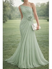 economico Abiti da Sera a Linea A-Linea ad A Lunghezza al pavimento Abito da Sera Da principessa Elegante Madre della sposa Senza Maniche Monospalla Matrimonio Formale Chiffon con Fiore ricamato Pieghe Arricciato