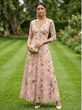 abordables Longitud a la altura del tobillo-Corte A Vestidos Hasta el Tobillo Vestido de Fiesta Vestido Cóctel Vestido de Madrina Manga 3/4 Escote en Pico Elegante Vintage Lujoso Formal Invitado a la boda El derby de Kentucky Gasa Tul con