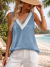 economico Camicie-Per donna Gilet in cotone e lino Maglietta Semplice Spiaggia Senza Maniche Scollo a V Top lunghi Casuale Blu Marrone Scuro Nero Bianco Verde militare Estate Primavera