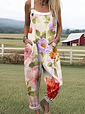 cheap Casual Jumpsuits-Women's Overall Active Floral Sleeveless Sleeveless Square Neck Patchwork Pocket Daily Beach Loose Fit Pink Red Green Summer