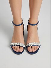 cheap Heeled Sandals-Women's Navy Pearl Embellished Chunky Heel Sandals - Elegant Ankle Strap Cocktail Party Dress Shoes